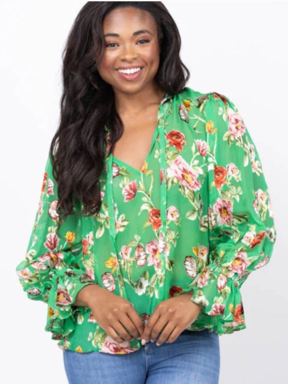 NWT Medium Alice + Olivia Moranne Tie Neck Top Greene Hamptons Floral Silk Blend